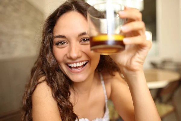 Happy Woman Holding Refreshment Glass Toasting You Coffee Shop — Stock Photo, Image