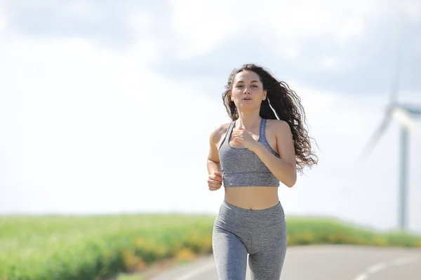 Front View Portrait Runner Woman Running Road Mill Farm — Stock Photo, Image