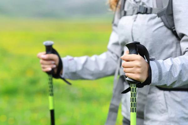 Close Caminhante Mãos Usando Pólos Para Andar Montanha — Fotografia de Stock