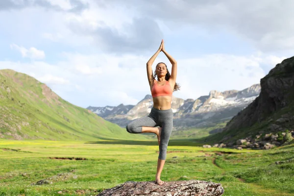 Front View Portrait Yogi High Mountain Field Doing Yoga Exercise — Fotografia de Stock