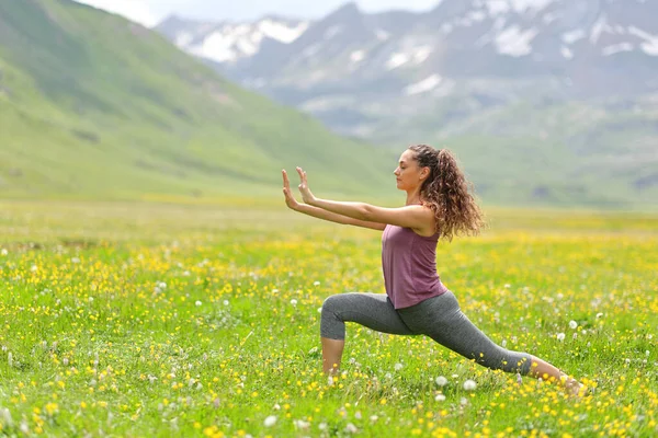 Profile of a woman practicing tai chi in a high mountain field