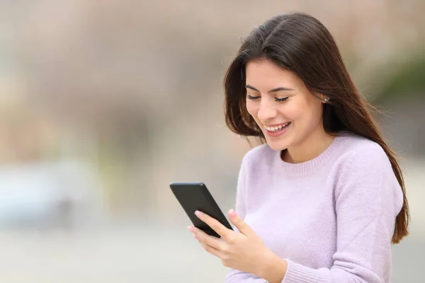 Happy Teen Checking Smart Phone Content Standing Street — Foto Stock