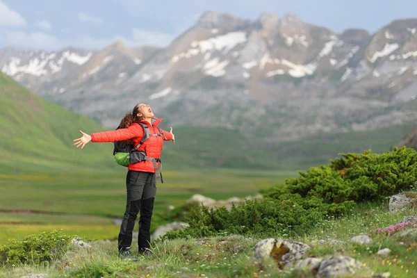 Excited Hiker Celebrating Vacation Outstretching Arms Screaming High Mountain — стоковое фото