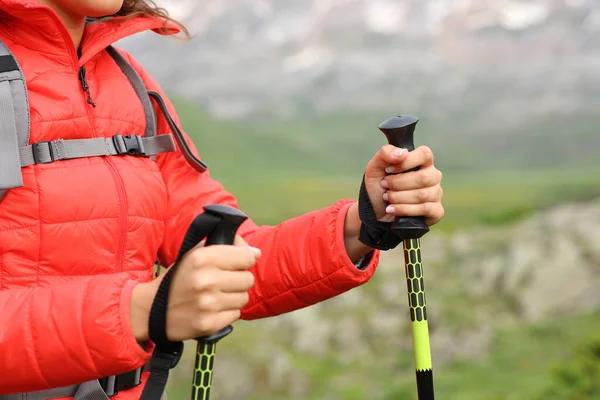 Close Hiker Hands Red Using Poles Walk Mountain — Stock Photo, Image