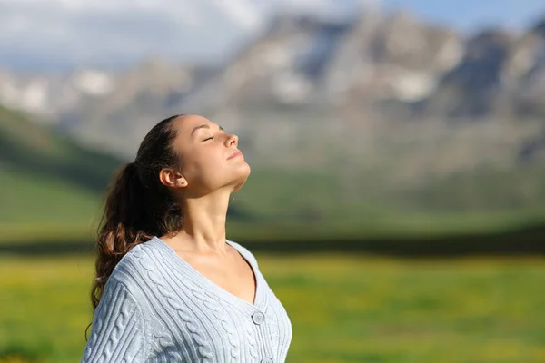 Relajada Mujer Casual Respirando Aire Fresco Montaña Día Soleado Imagen de stock