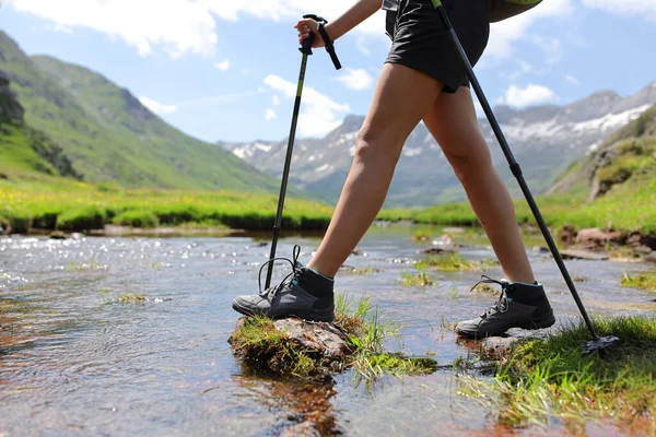 Close Portrait Trekker Legs Crossing River Walking Poles — Stock Photo, Image