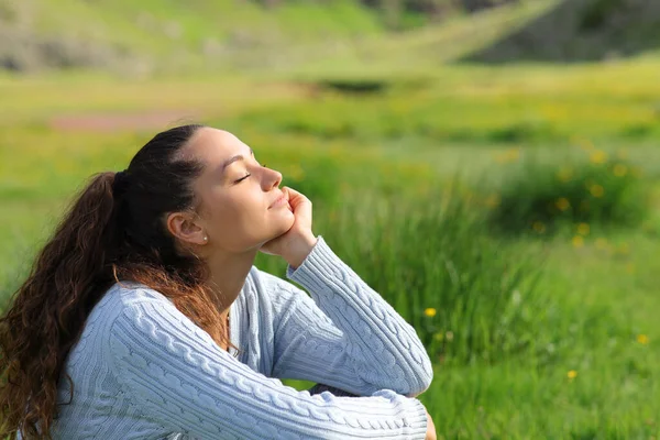 Casual Vrouw Ontspannen Zitten Een Groen Veld Berg Rechtenvrije Stockfoto's