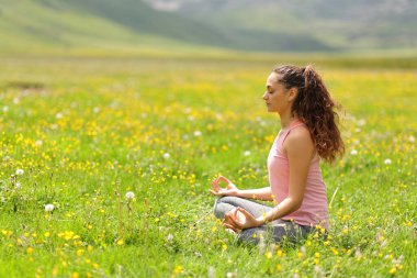 Dağ yeşili alanda yoga yapan bir yoginin profili.
