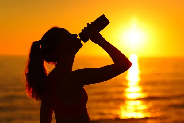 Retrato Una Deportista Tomando Agua Botella Atardecer Playa —  Fotos de Stock