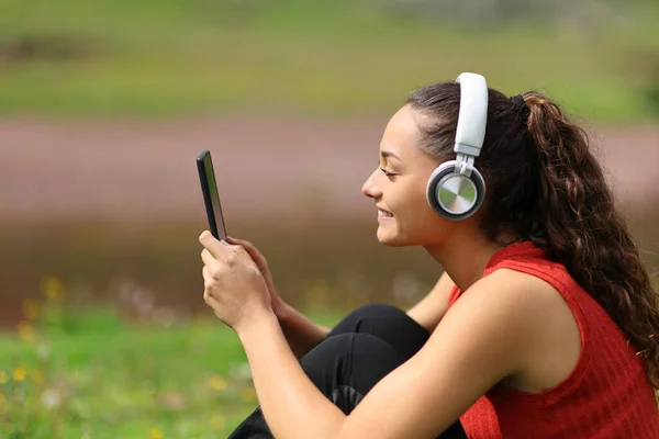山の中の幸せな女性のプロフィールヘッドフォンや電話で音楽を聴く — ストック写真
