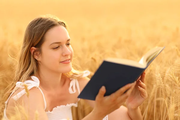 Vrouw Die Een Papieren Boek Leest Zittend Een Gouden Tarweveld — Stockfoto
