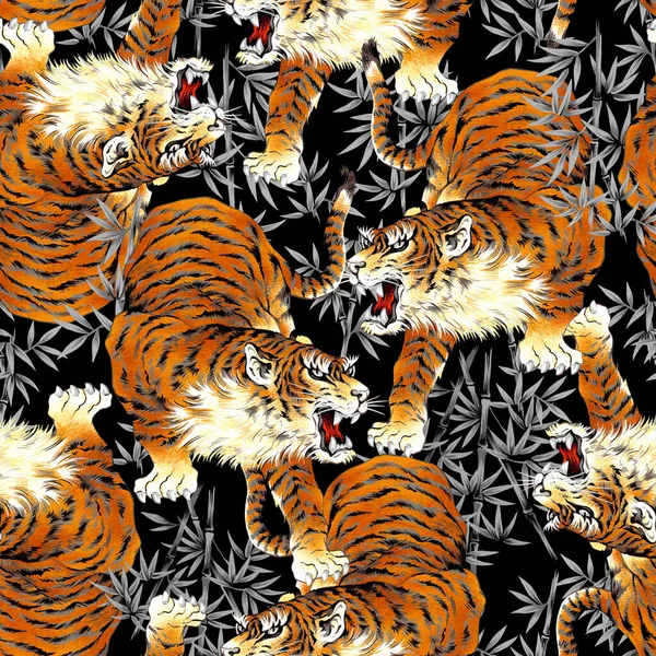 Ein Nahtloses Muster Handbemalter Tiger Japanischen Stil — Stockfoto
