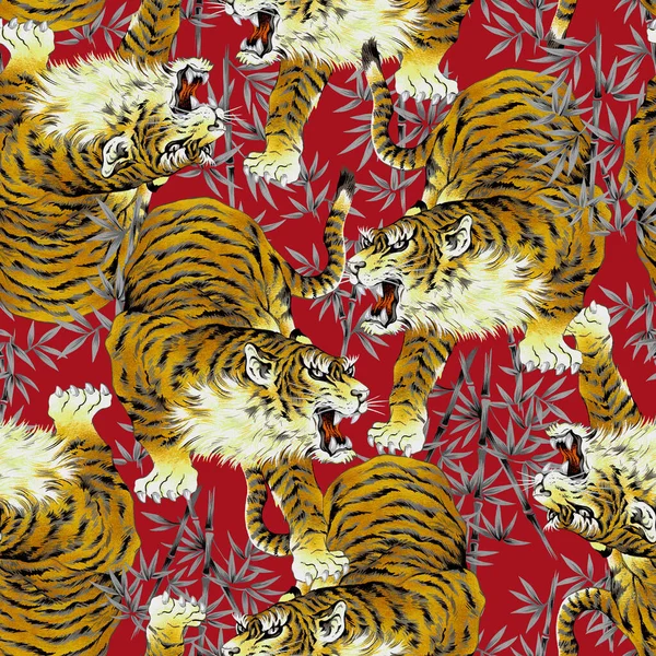 Seamless Pattern Japanese Style Hand Painted Tigers — Stock Photo, Image