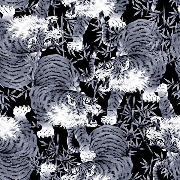 Seamless Pattern Japanese Style Hand Painted Tigers — Stock Photo, Image