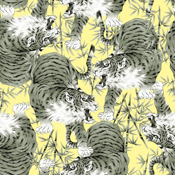日本の手描きの虎のシームレスなパターン — ストック写真