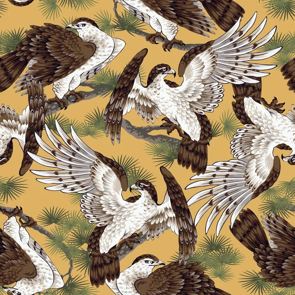 Seamless Pattern Japanese Style Hand Painted Hawks — Stock Photo, Image