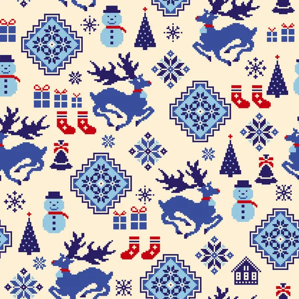 Traditional Nordic Pattern Reindeer Snowman — Stock Vector