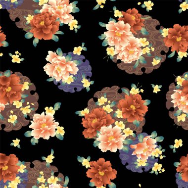 Japon tarzı şakayık ve bulutların kusursuz deseni,