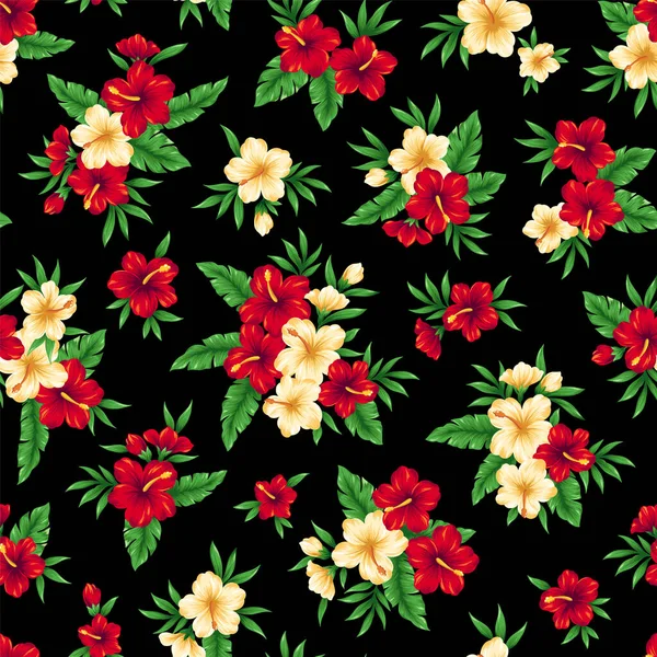 美しい熱帯の花や植物のシームレスなパターン — ストックベクタ