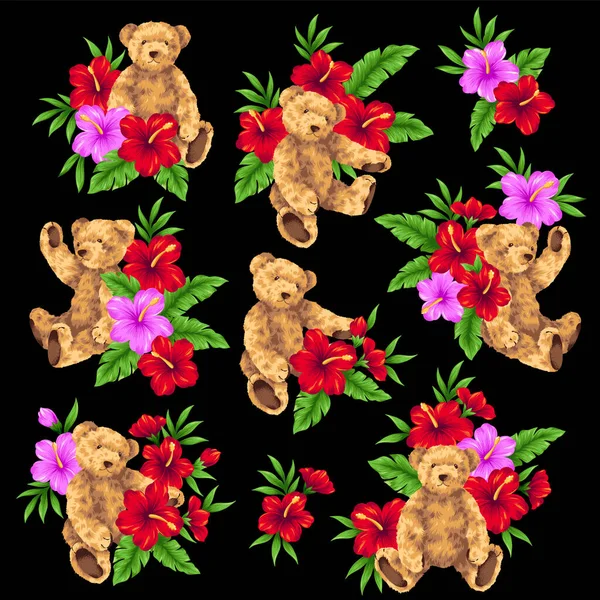 かわいいクマや熱帯の花の素材集 — ストックベクタ