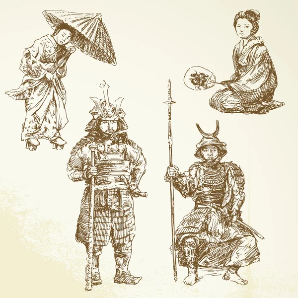 サムライ - 日本の伝統の戦士 - 手描き下ろしコレクション — ストックベクタ