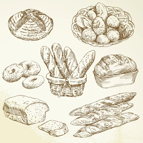 Panadería, pan, baguette - colección dibujada a mano — Vector de stock