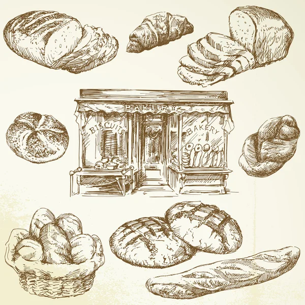 Pain, boulangerie - collection dessinée à la main — Image vectorielle