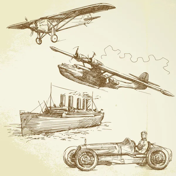 Véhicules anciens - avions, navires, voitures de course — Image vectorielle