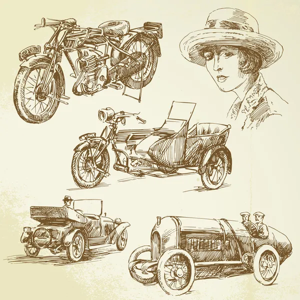 Vintage vehicles - hand drawn set — Stock Vector