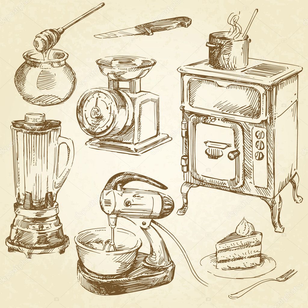 Vintage cookware, kitchen utensil - hand drawn set