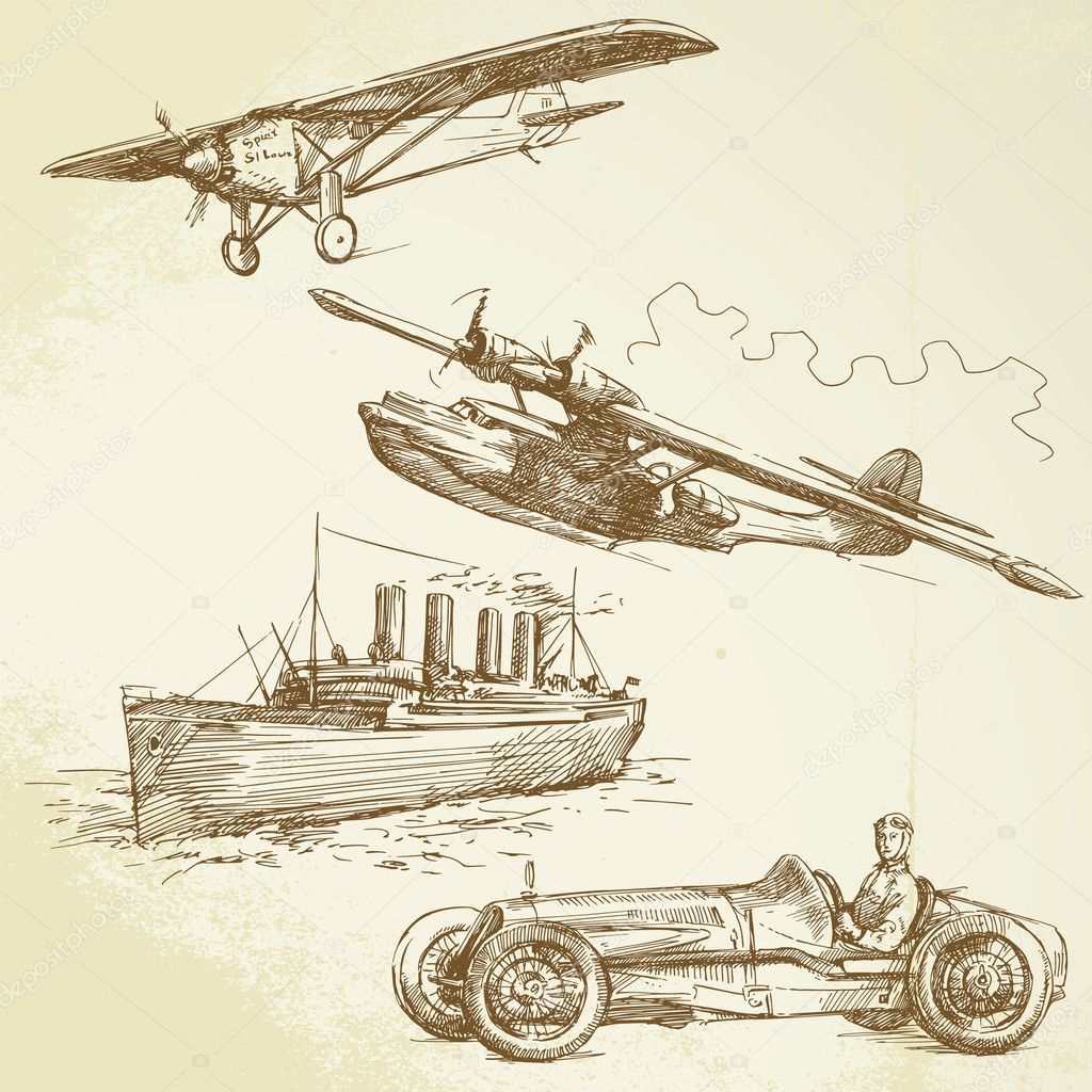 Old vehicles - airplanes, ship, racing car