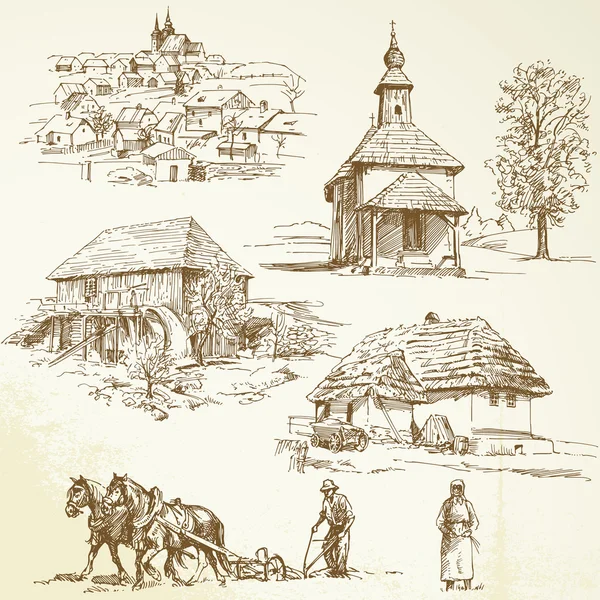 Paesaggio rurale, agricoltura - collezione disegnata a mano — Vettoriale Stock
