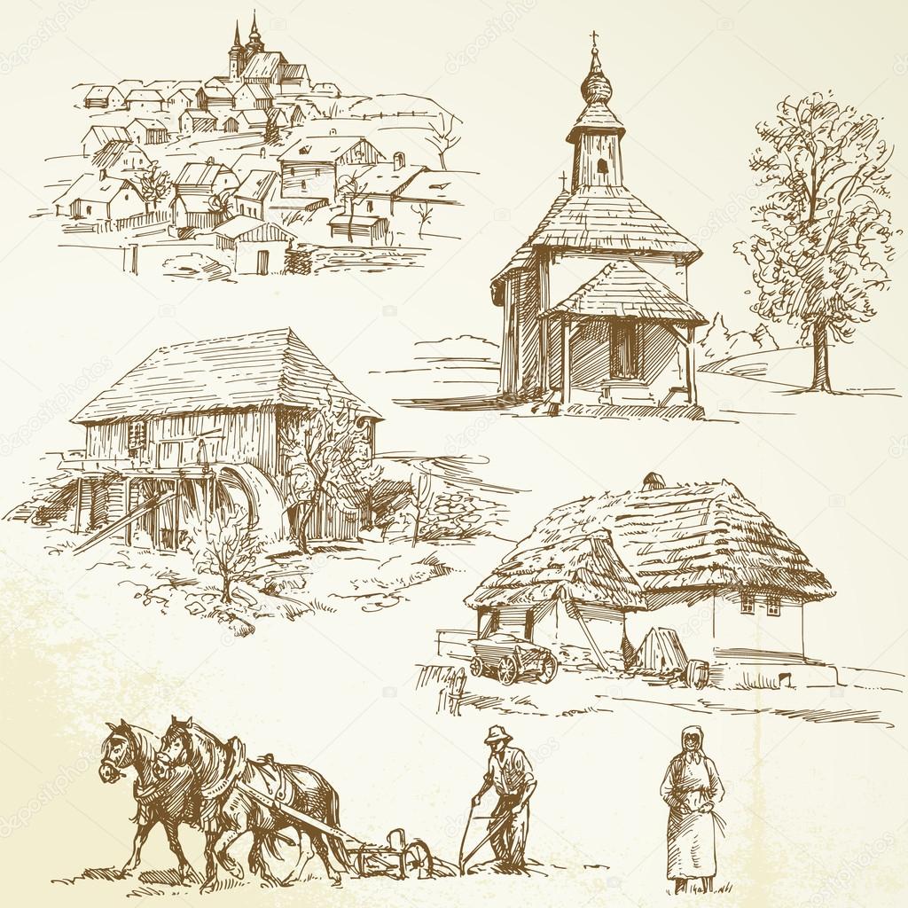 Rural landscape, agriculture - hand drawn collection