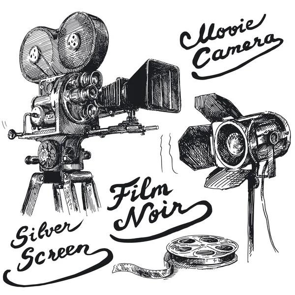 Movie camera-original hand drawn collection — Stock Vector