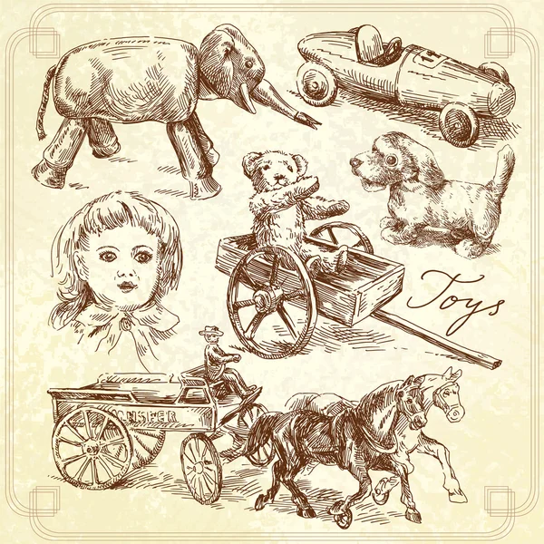 Antique toys-original hand drawn collection — Stock Vector