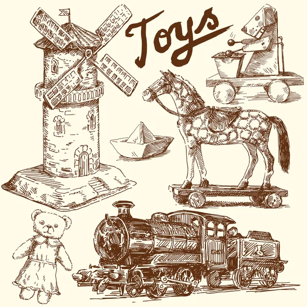 Coleção desenhada à mão de brinquedos antigos — Vetor de Stock