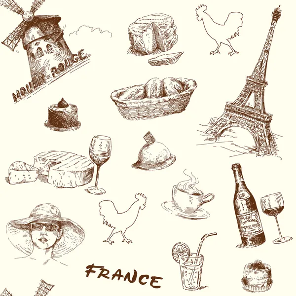 Frankreich-Paris-handgezeichnete nahtlose Tapete — Stockvektor