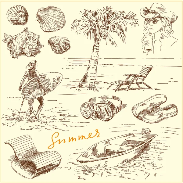 Set de verano - ilustración original dibujada a mano — Archivo Imágenes Vectoriales