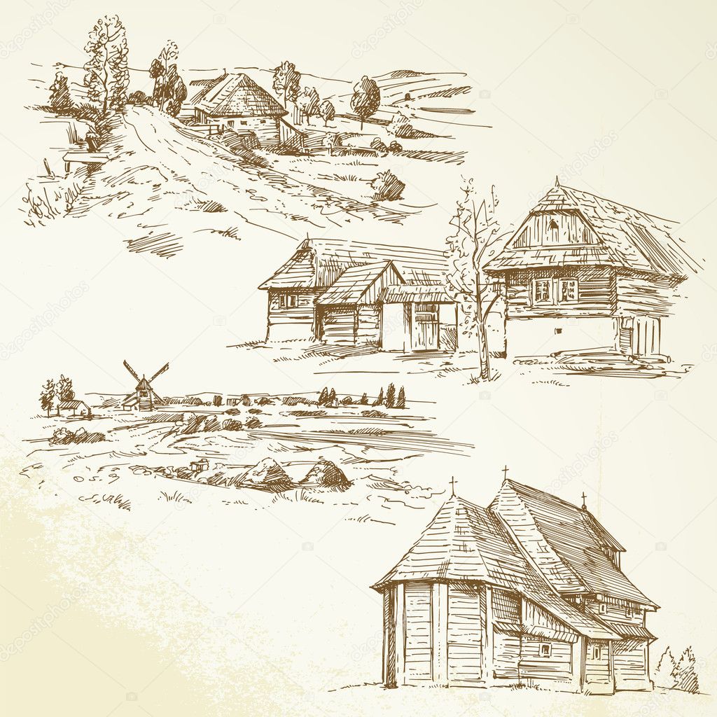 Rural landscape, agriculture - hand drawn collection