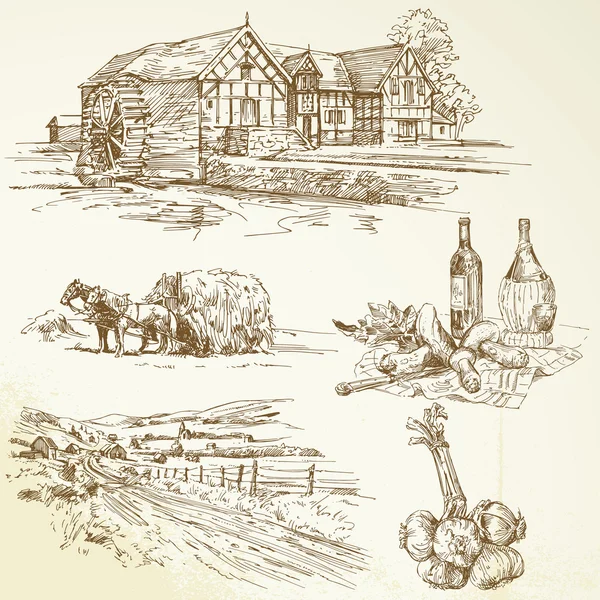 Paisagem rural, agricultura, moinho de água velho Ilustrações De Stock Royalty-Free
