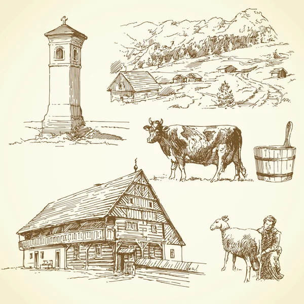 乡村景观，农业-手绘制的集合 — 图库矢量图片