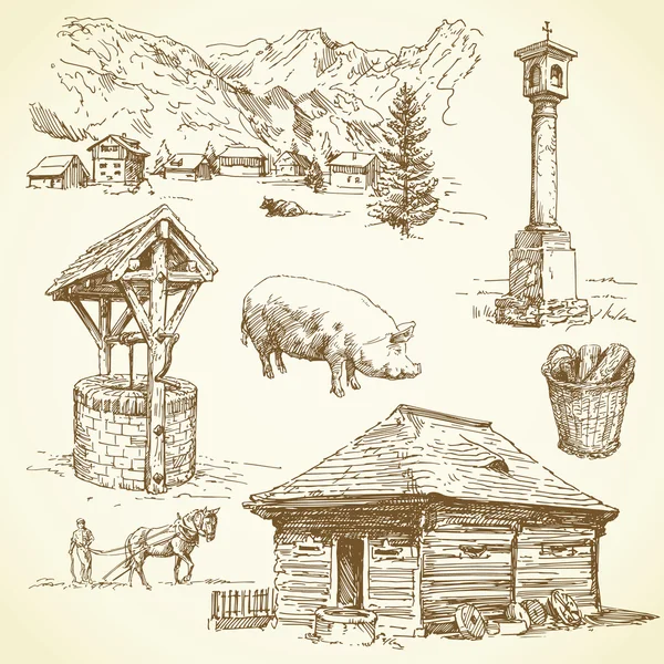 Paisaje rural, agricultura - colección dibujada a mano — Vector de stock