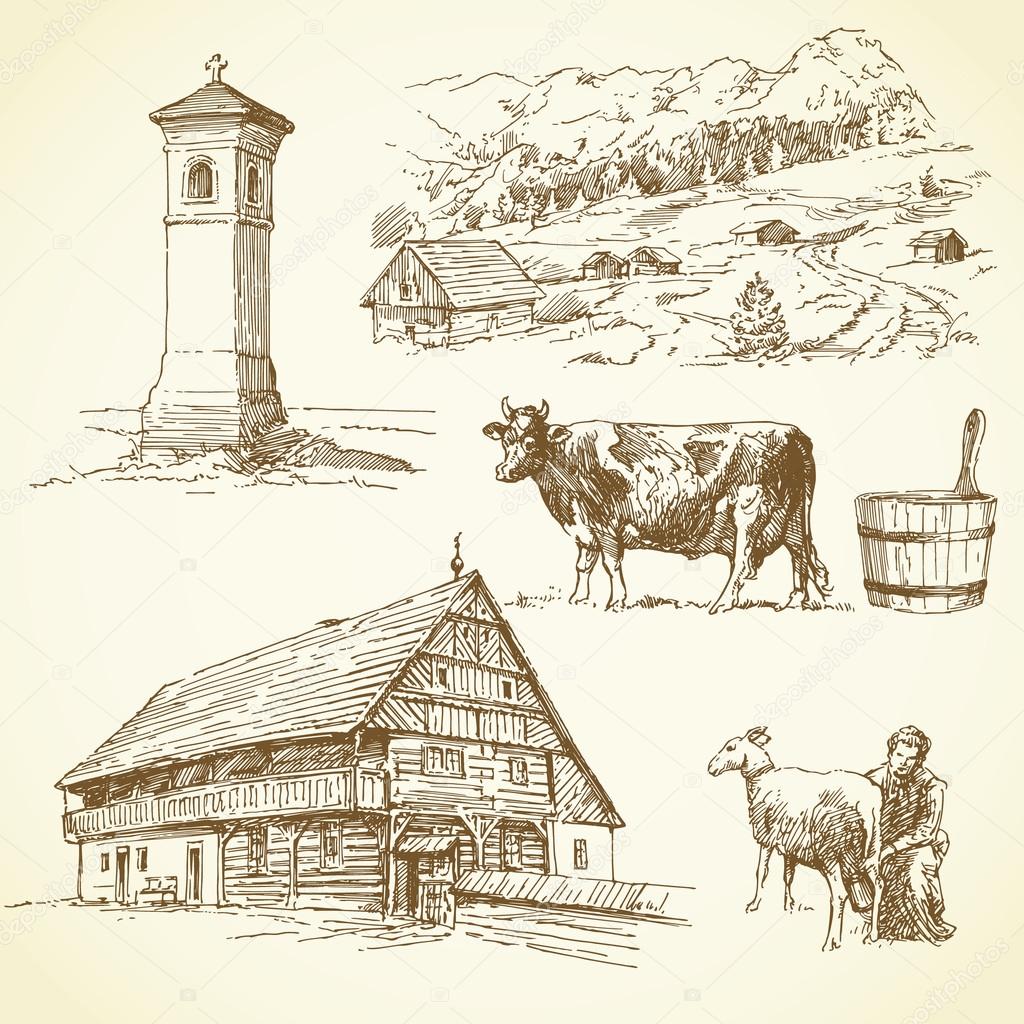 Rural landscape, agriculture - hand drawn collection