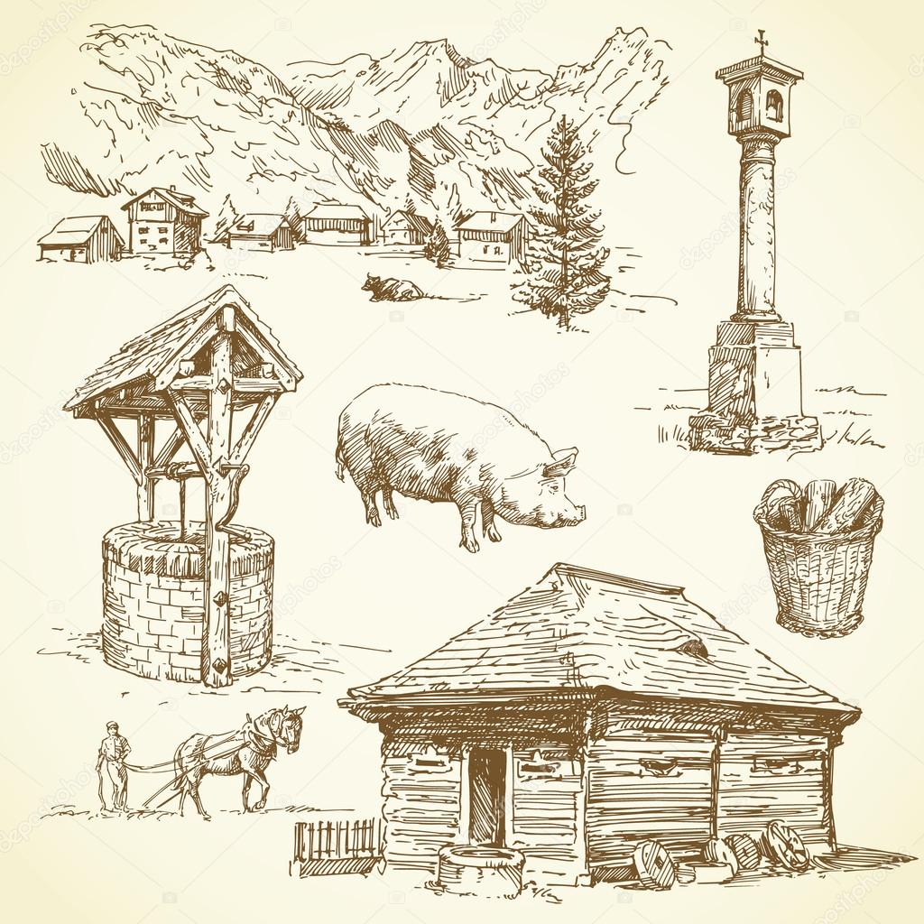 Rural landscape, agriculture - hand drawn collection — Stock Vector