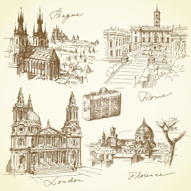 Avrupa üzerinden seyahat - çizilmiş koleksiyonu el