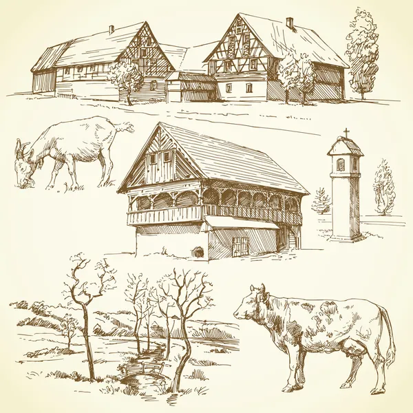 Ferme, paysage rural, agriculture - collection dessinée à la main — Image vectorielle