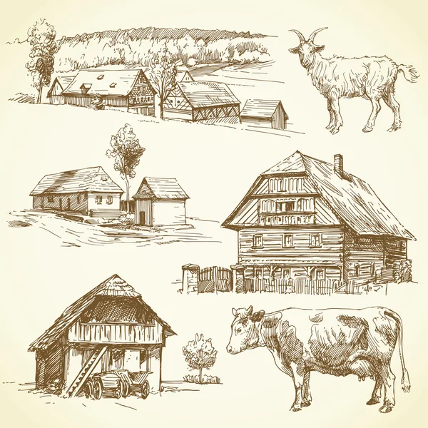 시골 풍경, 농업-손으로 그려진된 컬렉션 — 스톡 벡터