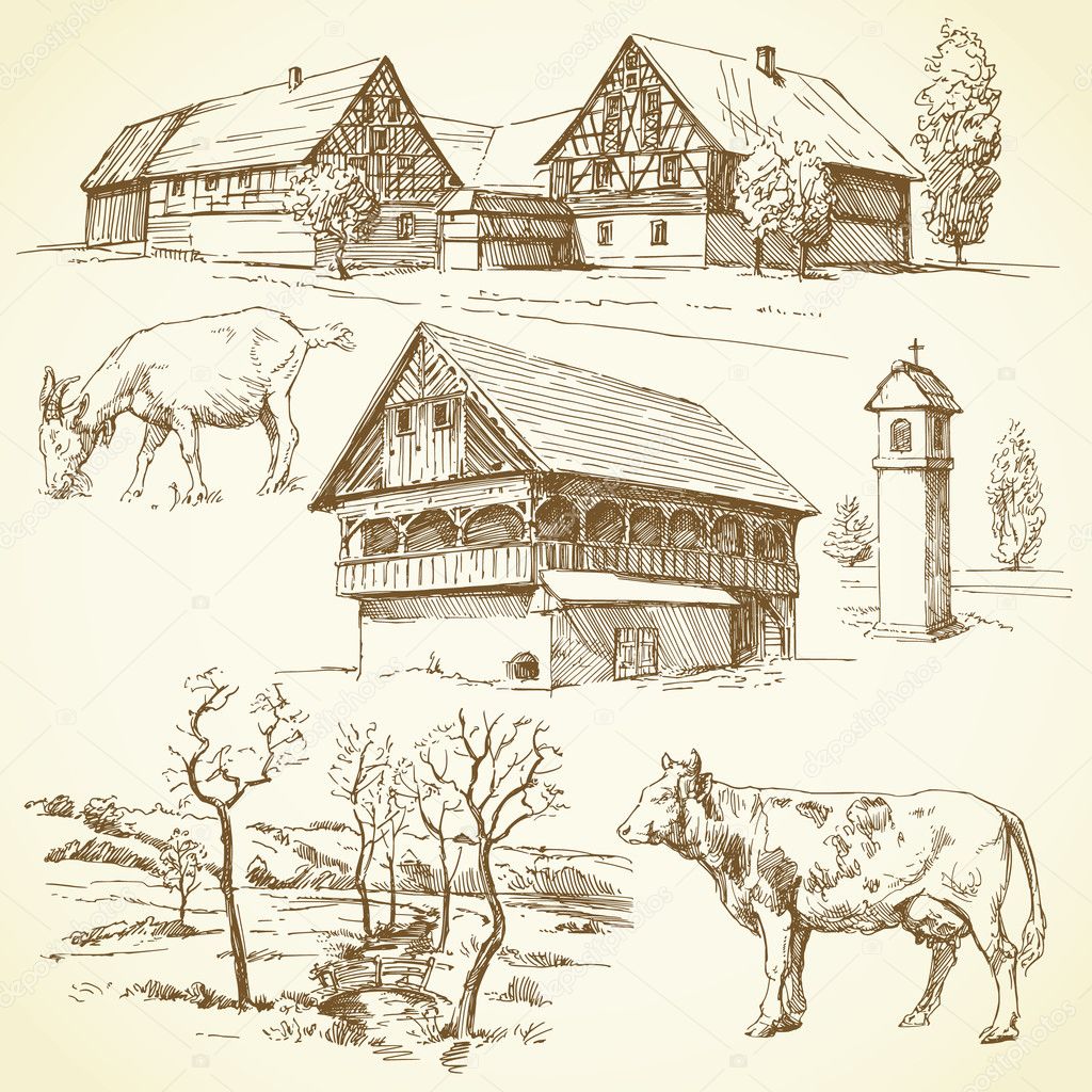 Farm, rural landscape, agriculture - hand drawn collection