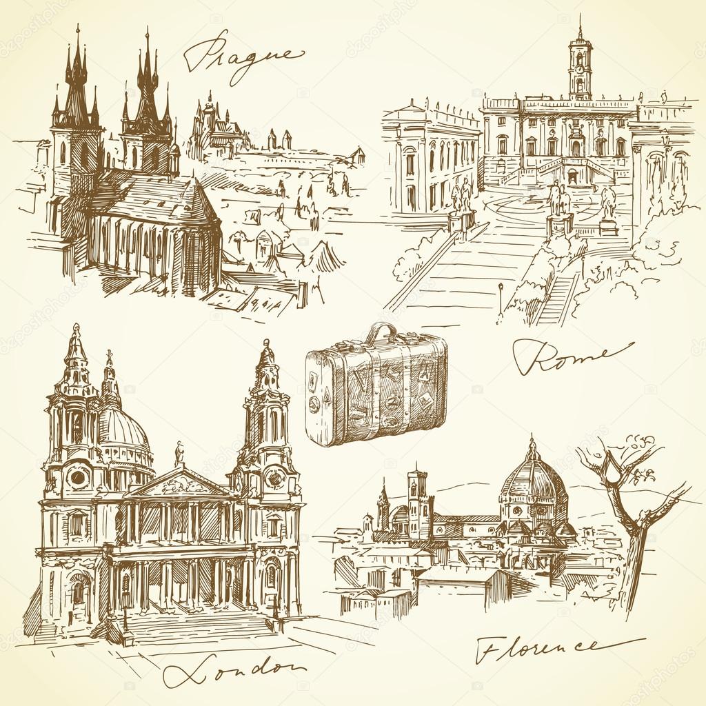 Travel over the europe - hand drawn collection