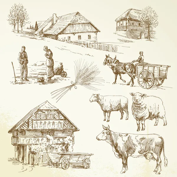 Hand drawn set - rural landscape, village, farm animals — Stock Vector